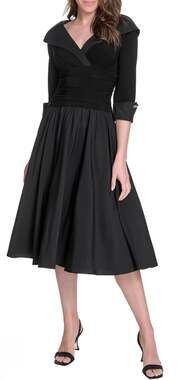 Jessica Howard Women's Black 3/4 Sleeve Rhinestone Cuff Portrait Collar Midi Dre